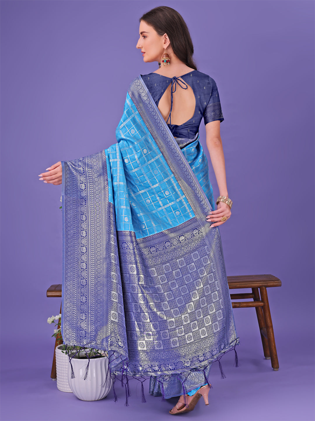 Shree Shyam Fashion Vibrant Sky Blue & Blue Lichi Silk Saree with Rich Woven Border and Contrast Blouse - Festive & Wedding Wear