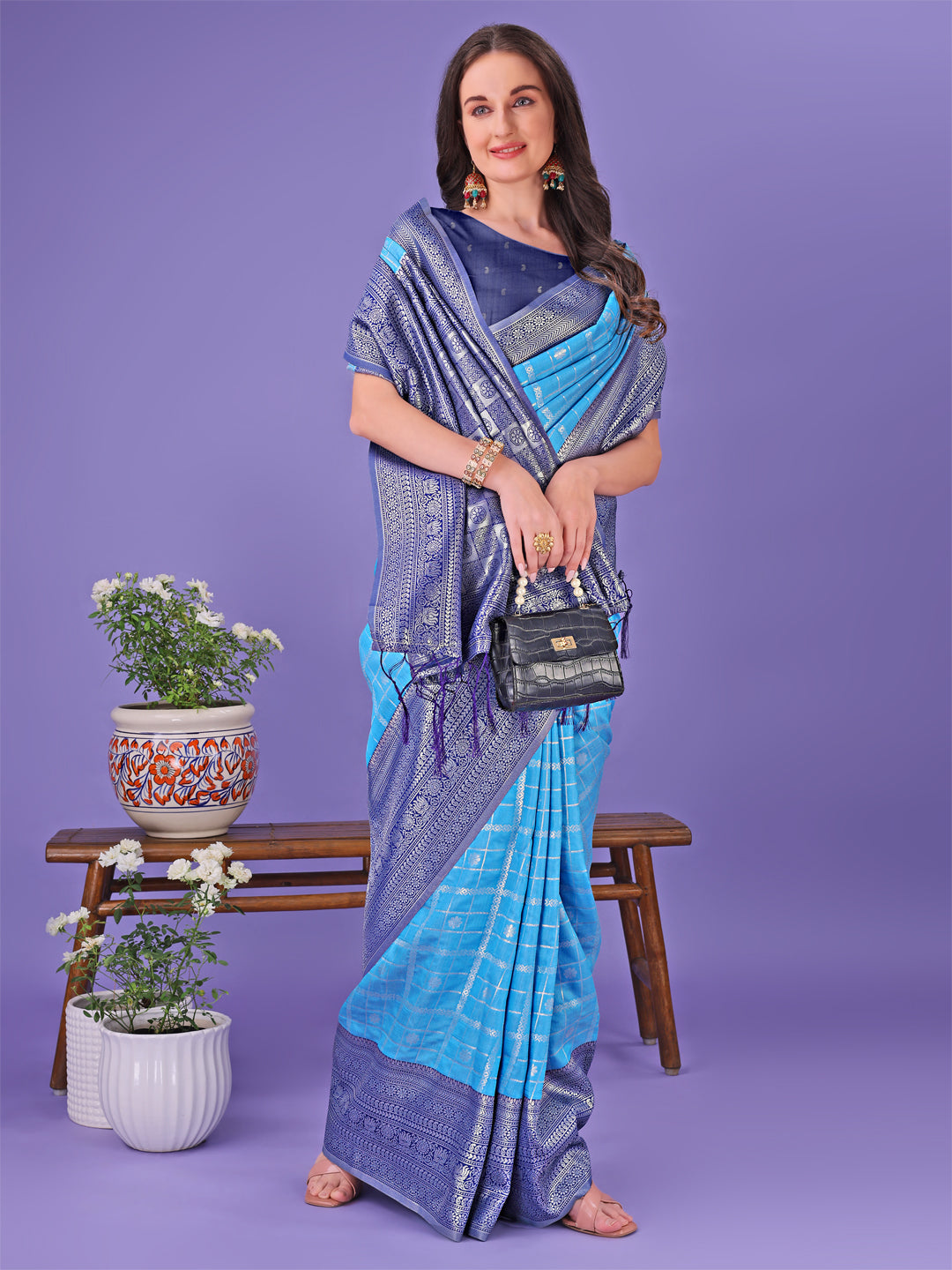 Shree Shyam Fashion Vibrant Sky Blue & Blue Lichi Silk Saree with Rich Woven Border and Contrast Blouse - Festive & Wedding Wear