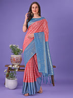 Shree Shyam Fashion Vibrant Peach & Teal Lichi Silk Saree with Rich Woven Border and Contrast Blouse - Festive & Wedding Wear
