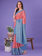 Shree Shyam Fashion Vibrant Peach & Teal Lichi Silk Saree with Rich Woven Border and Contrast Blouse - Festive & Wedding Wear