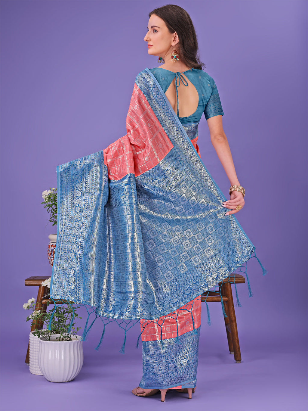 Shree Shyam Fashion Vibrant Peach & Teal Lichi Silk Saree with Rich Woven Border and Contrast Blouse - Festive & Wedding Wear