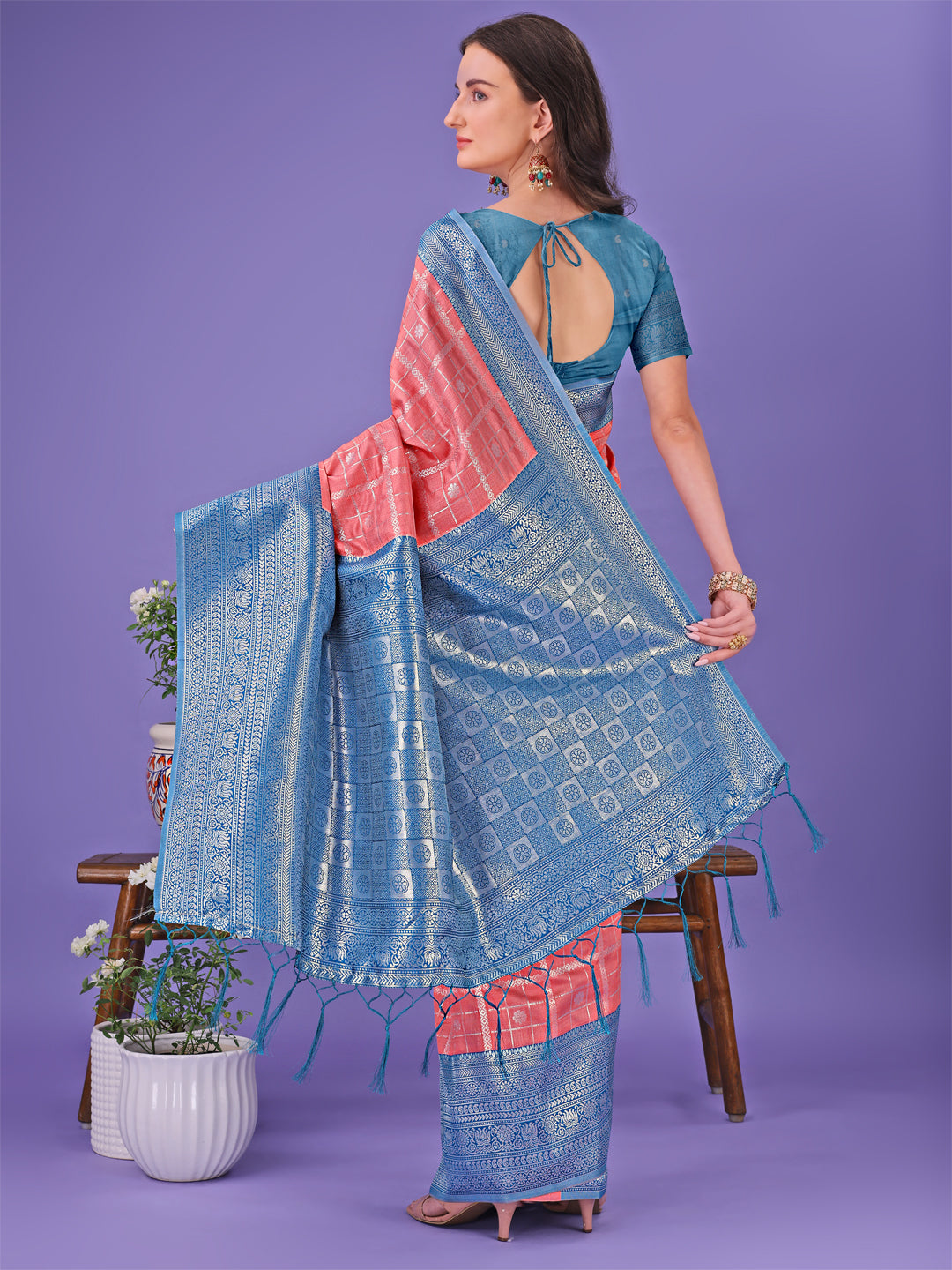 Shree Shyam Fashion Vibrant Peach & Teal Lichi Silk Saree with Rich Woven Border and Contrast Blouse - Festive & Wedding Wear