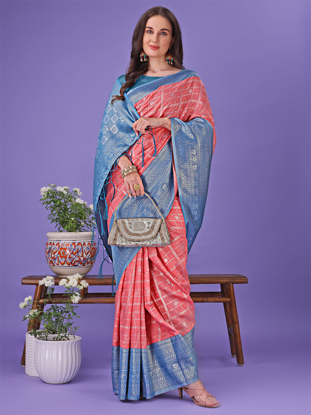Shree Shyam Fashion Vibrant Peach & Teal Lichi Silk Saree with Rich Woven Border and Contrast Blouse - Festive & Wedding Wear