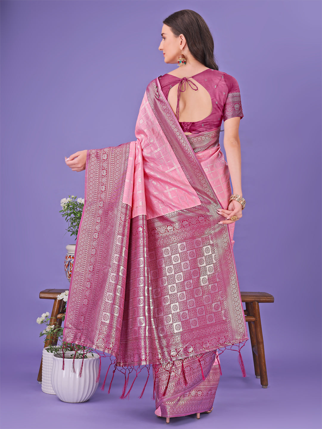Shree Shyam Fashion Vibrant Pink & Magenta Lichi Silk Saree with Rich Woven Border and Contrast Blouse - Festive & Wedding Wear