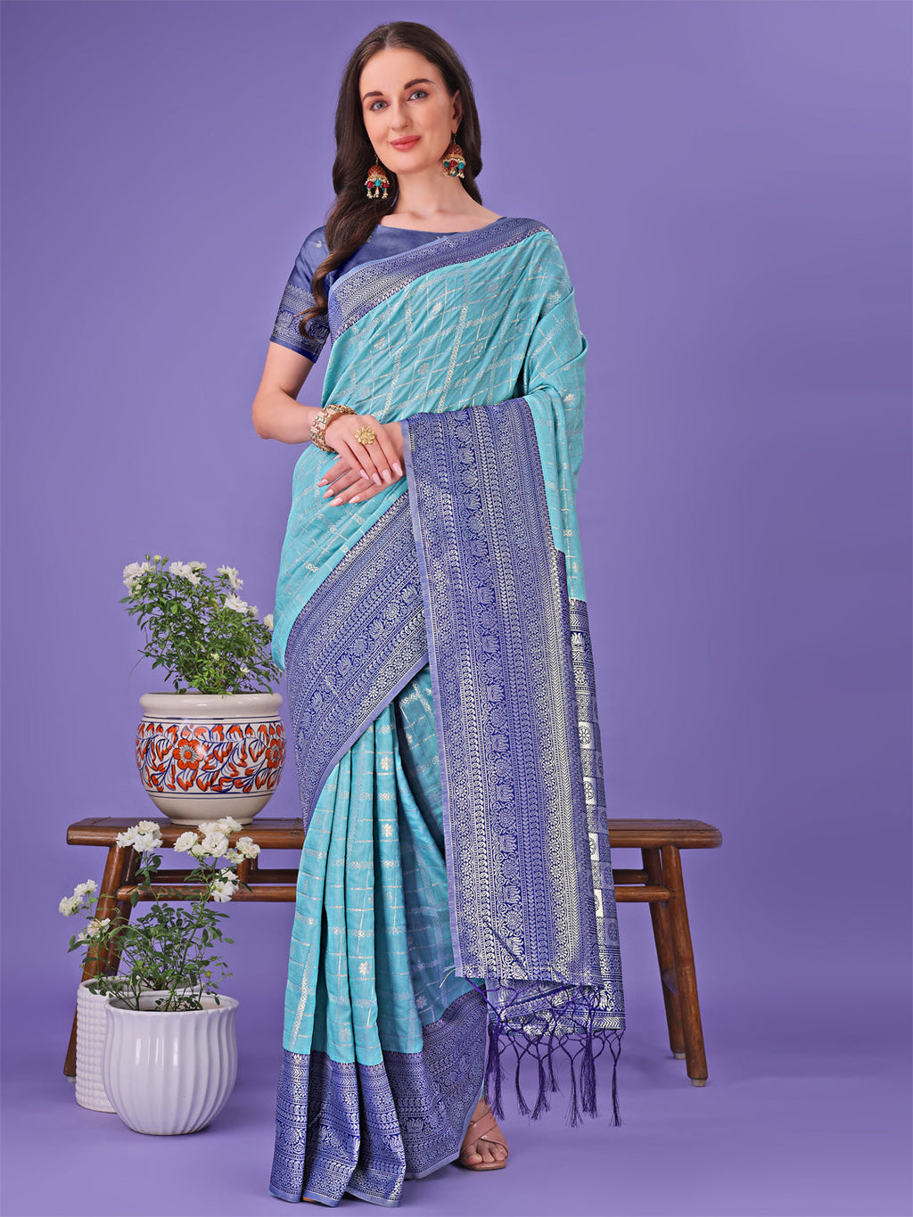 Shree Shyam Fashion Vibrant Sea Green & Blue Lichi Silk Saree with Rich Woven Border and Contrast Blouse - Festive & Wedding Wear