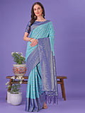 Shree Shyam Fashion Vibrant Sea Green & Blue Lichi Silk Saree with Rich Woven Border and Contrast Blouse - Festive & Wedding Wear