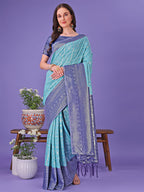 Shree Shyam Fashion Vibrant Sea Green & Blue Lichi Silk Saree with Rich Woven Border and Contrast Blouse - Festive & Wedding Wear