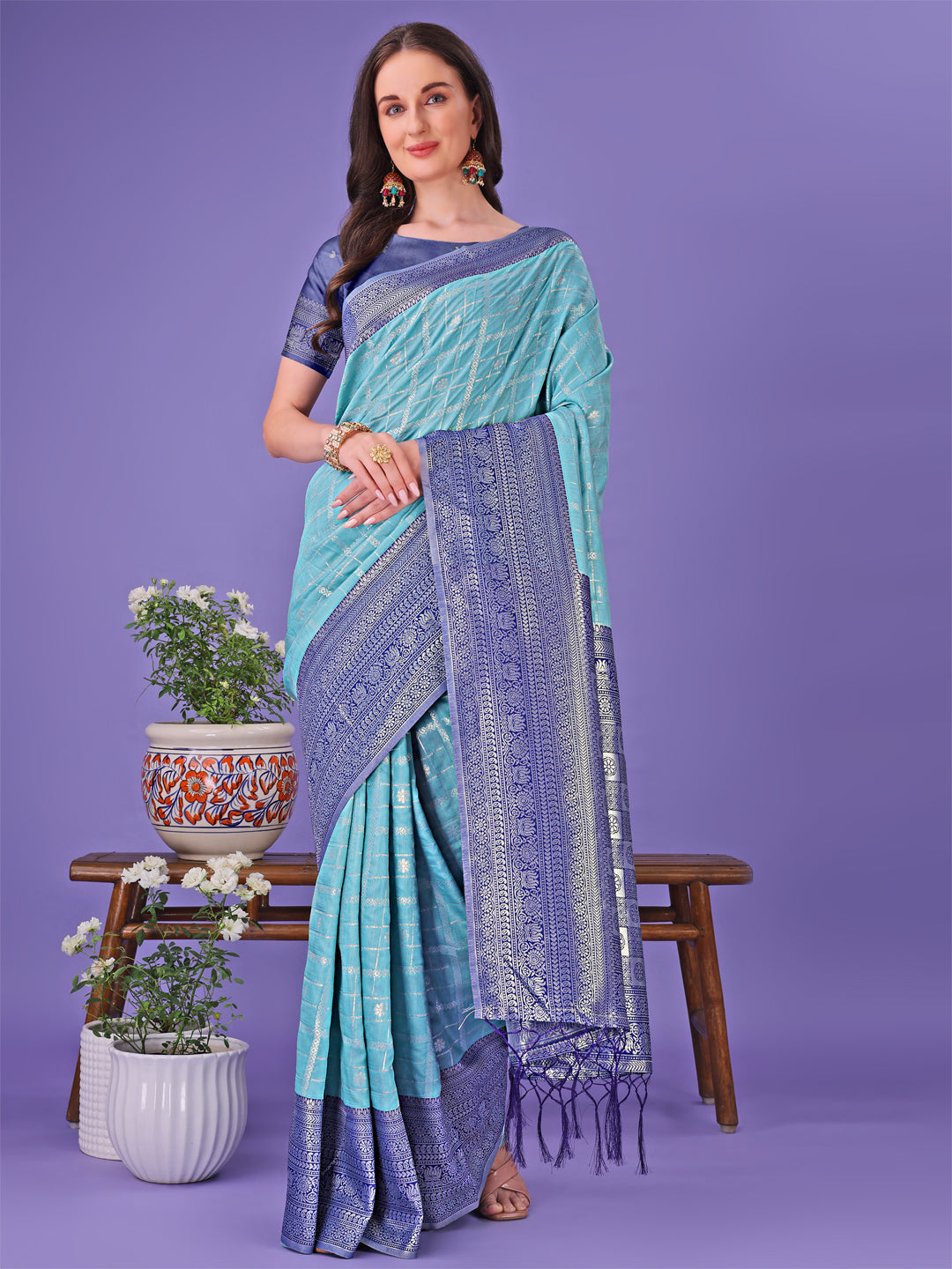 Shree Shyam Fashion Vibrant Sea Green & Blue Lichi Silk Saree with Rich Woven Border and Contrast Blouse - Festive & Wedding Wear