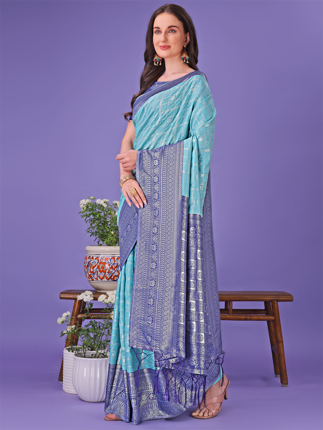 Shree Shyam Fashion Vibrant Sea Green & Blue Lichi Silk Saree with Rich Woven Border and Contrast Blouse - Festive & Wedding Wear