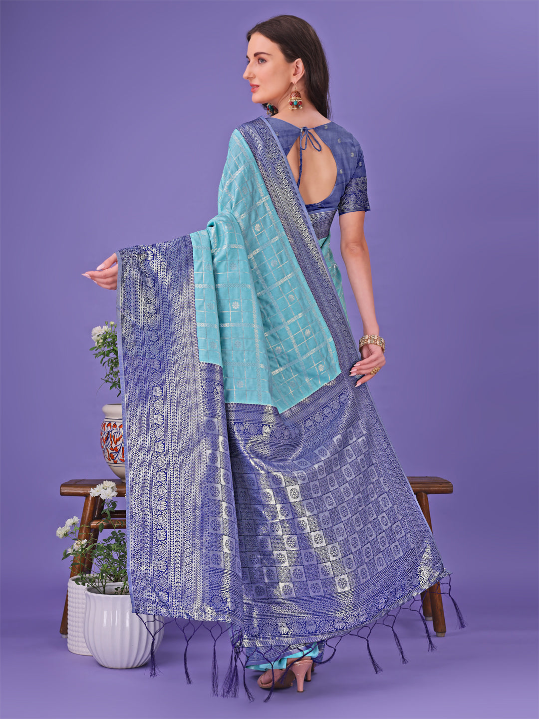 Shree Shyam Fashion Vibrant Sea Green & Blue Lichi Silk Saree with Rich Woven Border and Contrast Blouse - Festive & Wedding Wear
