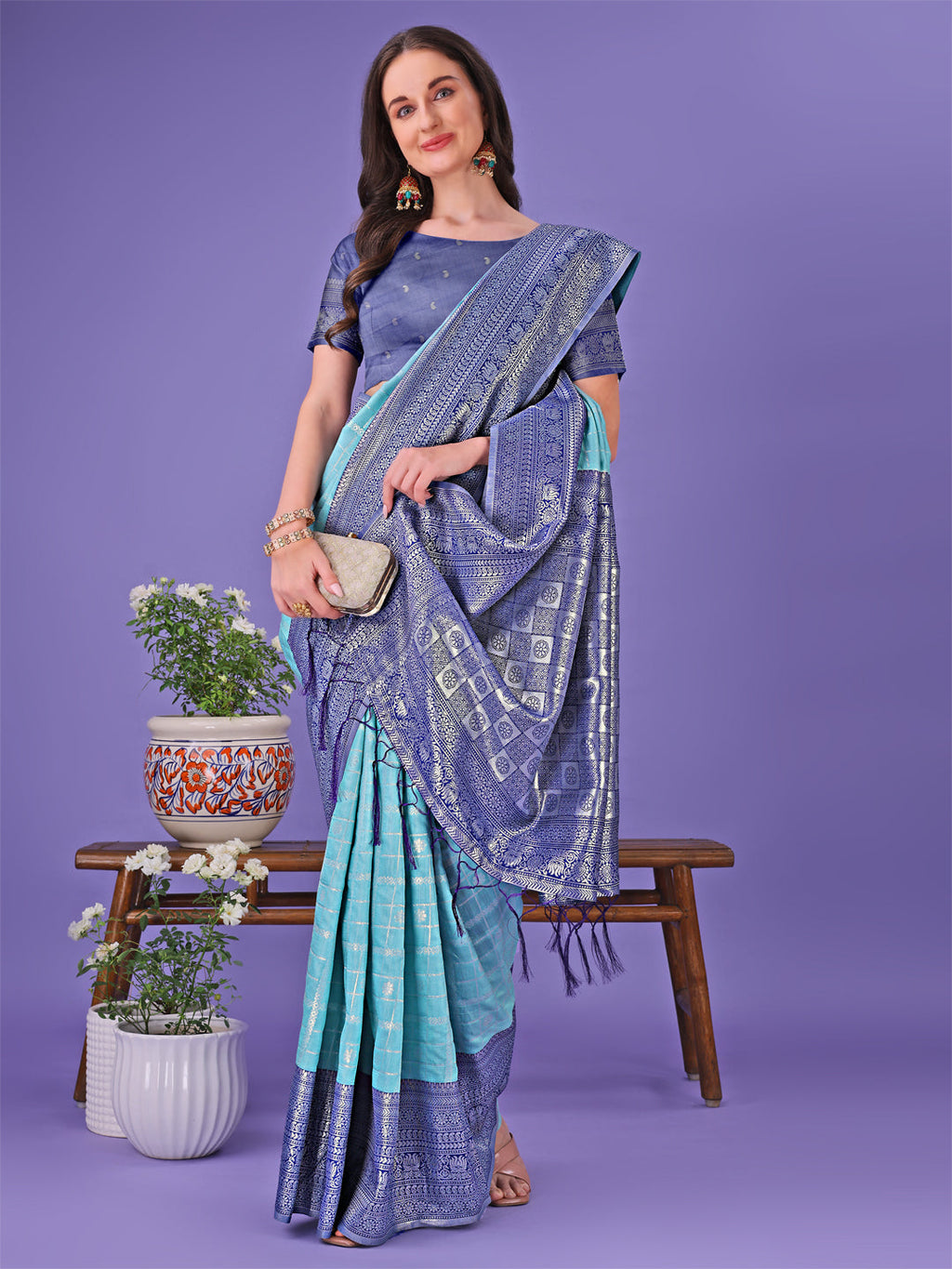 Shree Shyam Fashion Vibrant Sea Green & Blue Lichi Silk Saree with Rich Woven Border and Contrast Blouse - Festive & Wedding Wear