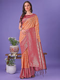 Shree Shyam Fashion Vibrant Orange & Red Lichi Silk Saree with Rich Woven Border and Contrast Blouse - Festive & Wedding Wear