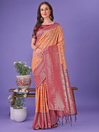 Shree Shyam Fashion Vibrant Orange & Red Lichi Silk Saree with Rich Woven Border and Contrast Blouse - Festive & Wedding Wear