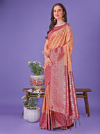 Shree Shyam Fashion Vibrant Orange & Red Lichi Silk Saree with Rich Woven Border and Contrast Blouse - Festive & Wedding Wear