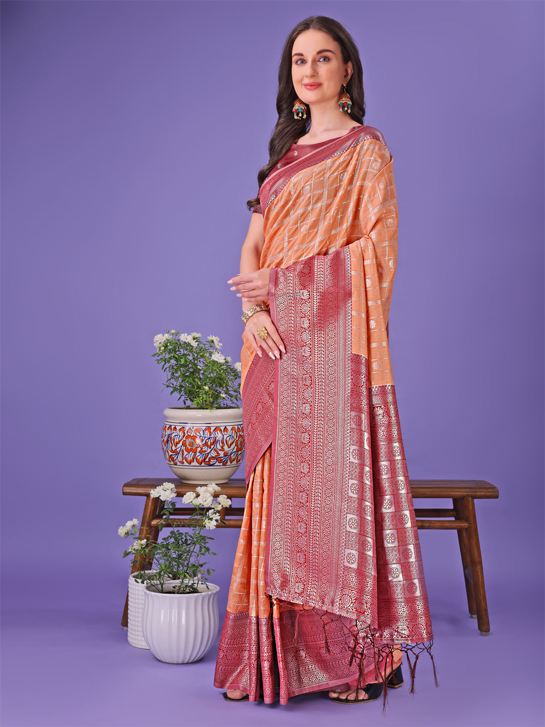 Shree Shyam Fashion Vibrant Orange & Red Lichi Silk Saree with Rich Woven Border and Contrast Blouse - Festive & Wedding Wear