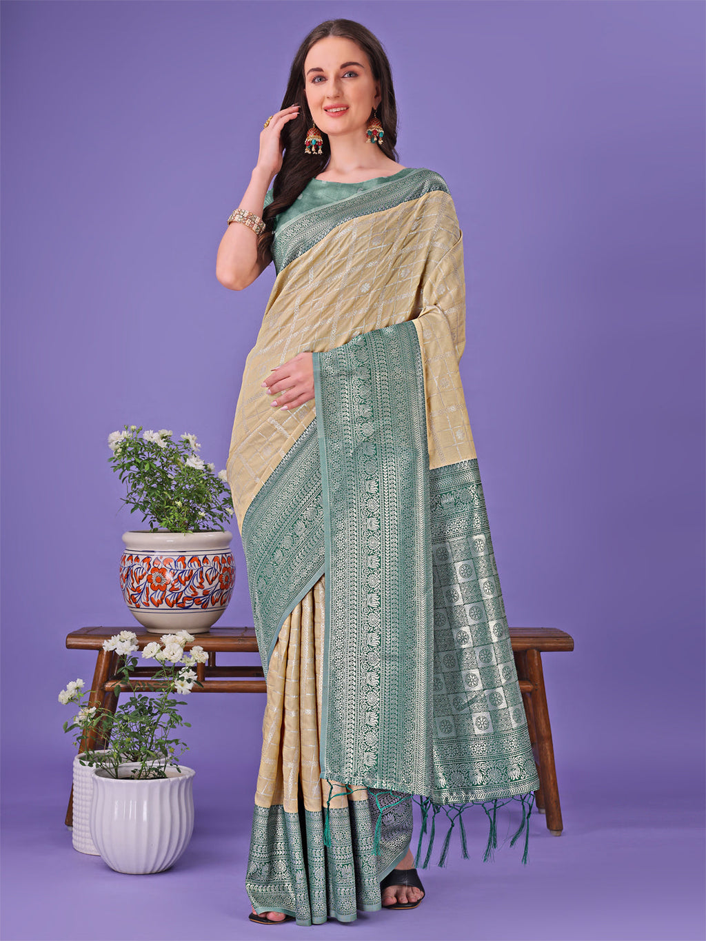 Shree Shyam Fashion Vibrant Cream & Green Lichi Silk Saree with Rich Woven Border and Contrast Blouse - Festive & Wedding Wear