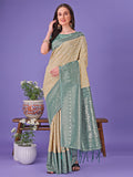 Shree Shyam Fashion Vibrant Cream & Green Lichi Silk Saree with Rich Woven Border and Contrast Blouse - Festive & Wedding Wear