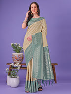 Shree Shyam Fashion Vibrant Cream & Green Lichi Silk Saree with Rich Woven Border and Contrast Blouse - Festive & Wedding Wear