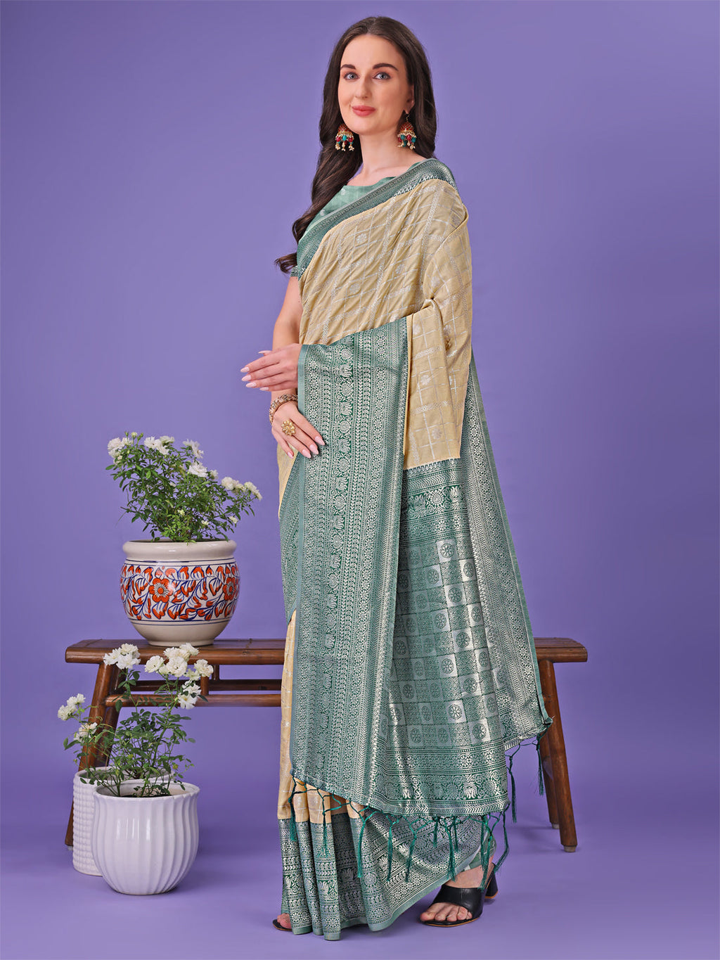 Shree Shyam Fashion Vibrant Cream & Green Lichi Silk Saree with Rich Woven Border and Contrast Blouse - Festive & Wedding Wear