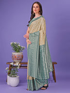 Shree Shyam Fashion Vibrant Cream & Green Lichi Silk Saree with Rich Woven Border and Contrast Blouse - Festive & Wedding Wear
