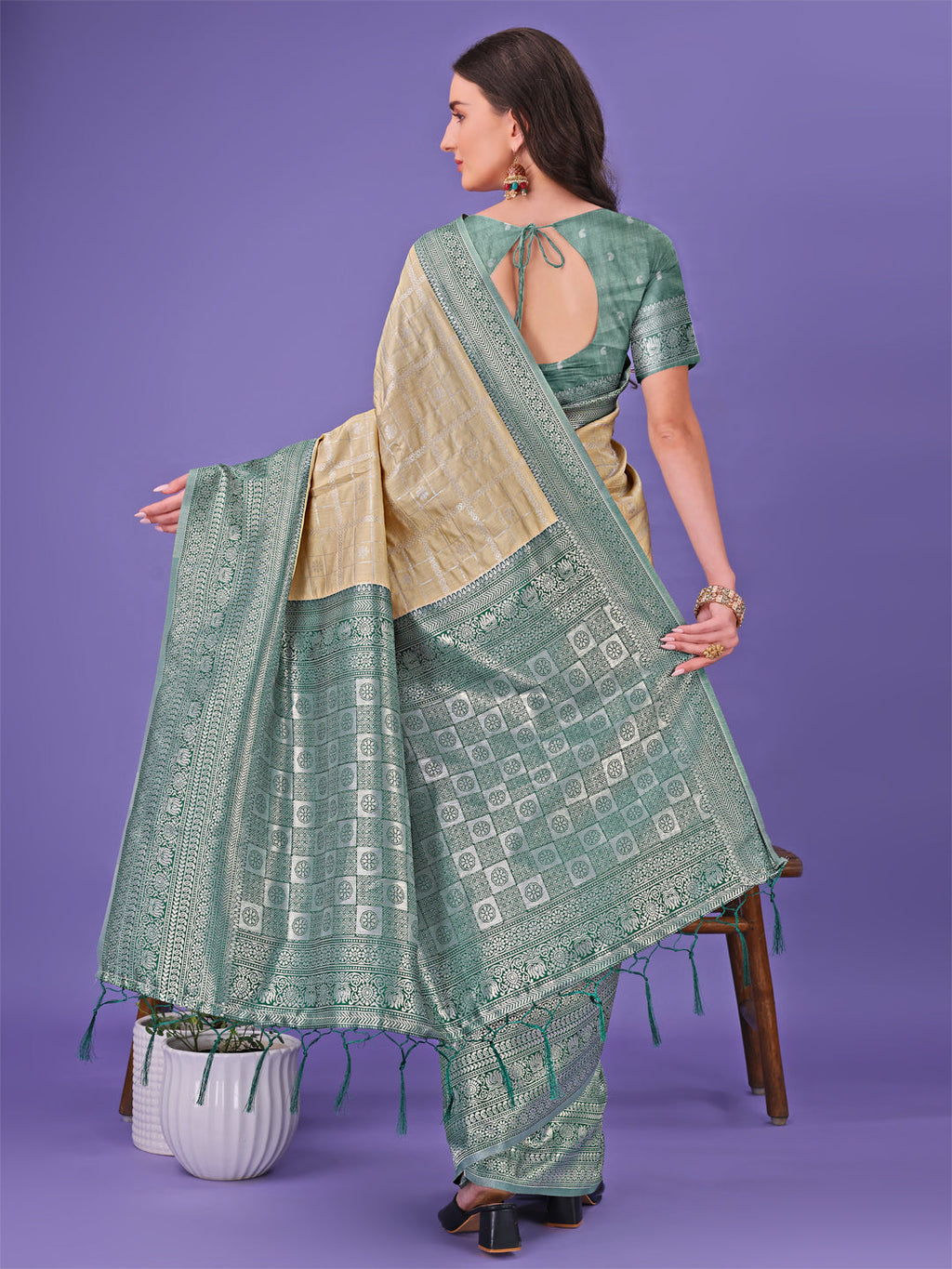 Shree Shyam Fashion Vibrant Cream & Green Lichi Silk Saree with Rich Woven Border and Contrast Blouse - Festive & Wedding Wear