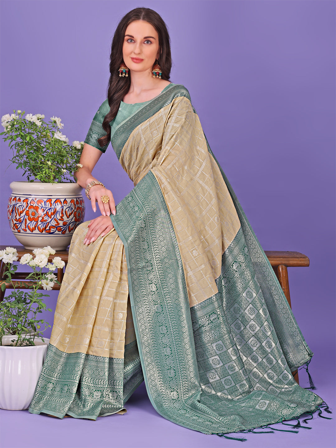 Shree Shyam Fashion Vibrant Cream & Green Lichi Silk Saree with Rich Woven Border and Contrast Blouse - Festive & Wedding Wear
