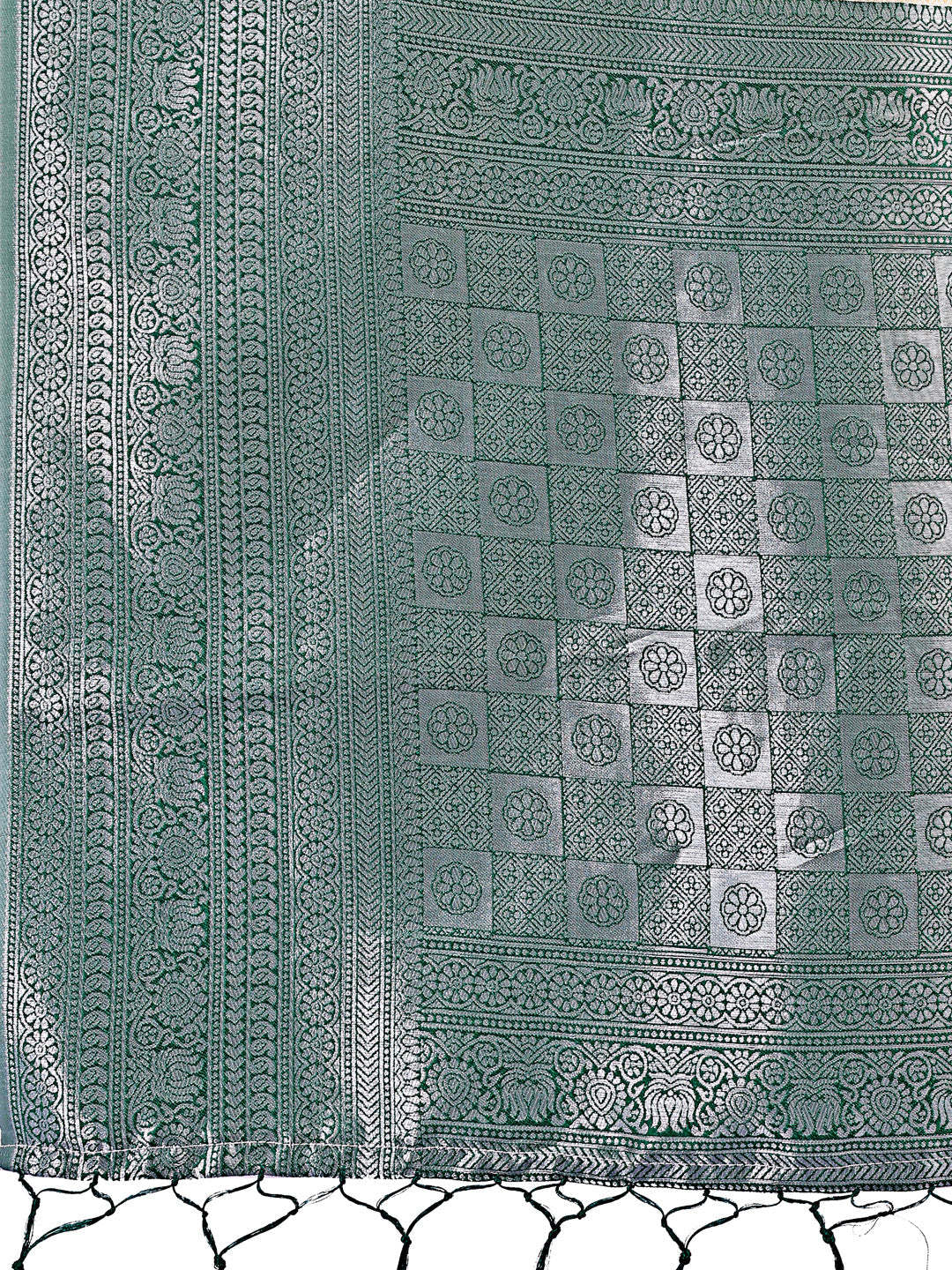 Shree Shyam Fashion Vibrant Cream & Green Lichi Silk Saree with Rich Woven Border and Contrast Blouse - Festive & Wedding Wear