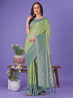 Shree Shyam Fashion Vibrant Light Green & Dark Green Lichi Silk Saree with Rich Woven Border and Contrast Blouse - Festive & Wedding Wear