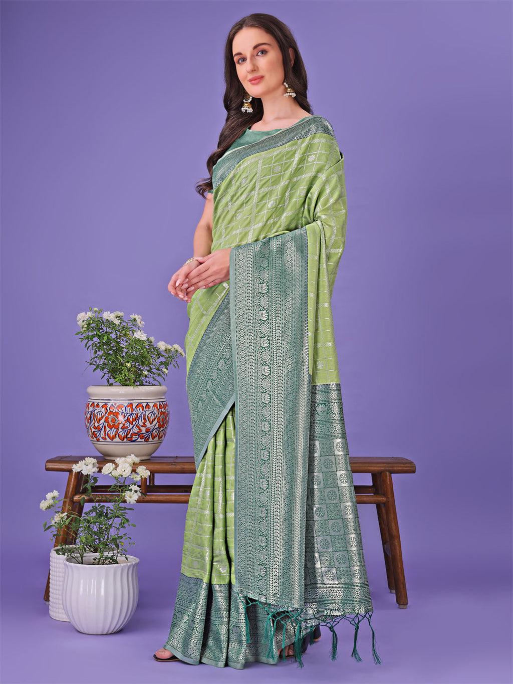 Shree Shyam Fashion Vibrant Light Green & Dark Green Lichi Silk Saree with Rich Woven Border and Contrast Blouse - Festive & Wedding Wear