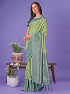 Shree Shyam Fashion Vibrant Light Green & Dark Green Lichi Silk Saree with Rich Woven Border and Contrast Blouse - Festive & Wedding Wear