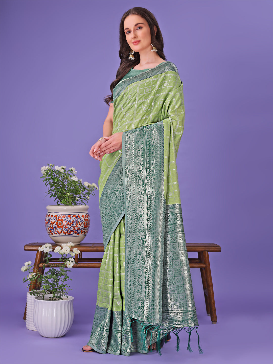 Shree Shyam Fashion Vibrant Light Green & Dark Green Lichi Silk Saree with Rich Woven Border and Contrast Blouse - Festive & Wedding Wear