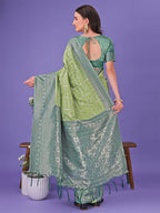 Shree Shyam Fashion Vibrant Light Green & Dark Green Lichi Silk Saree with Rich Woven Border and Contrast Blouse - Festive & Wedding Wear