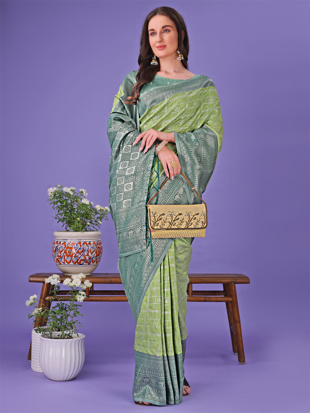 Shree Shyam Fashion Vibrant Light Green & Dark Green Lichi Silk Saree with Rich Woven Border and Contrast Blouse - Festive & Wedding Wear