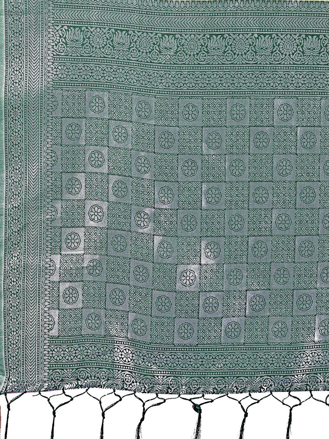 Shree Shyam Fashion Vibrant Light Green & Dark Green Lichi Silk Saree with Rich Woven Border and Contrast Blouse - Festive & Wedding Wear