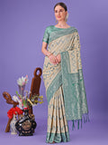Shree Shyam Fashion Cream & Green Lichi Silk Saree with Rich Woven Border and Zigzag Pattern - Wedding & Festive Wear