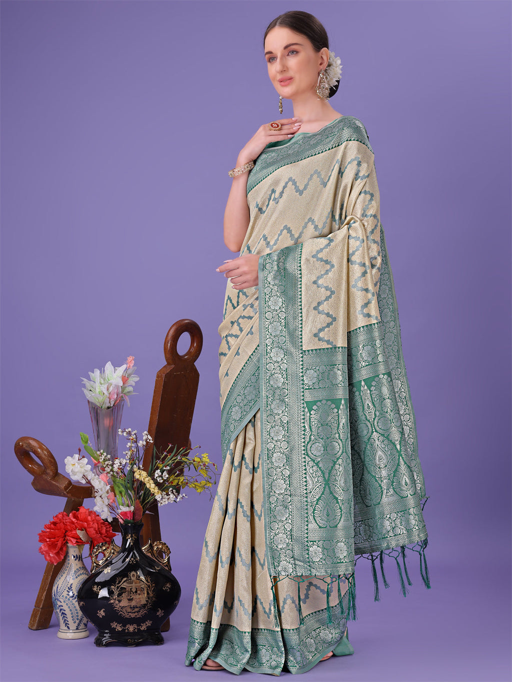 Shree Shyam Fashion Cream & Green Lichi Silk Saree with Rich Woven Border and Zigzag Pattern - Wedding & Festive Wear