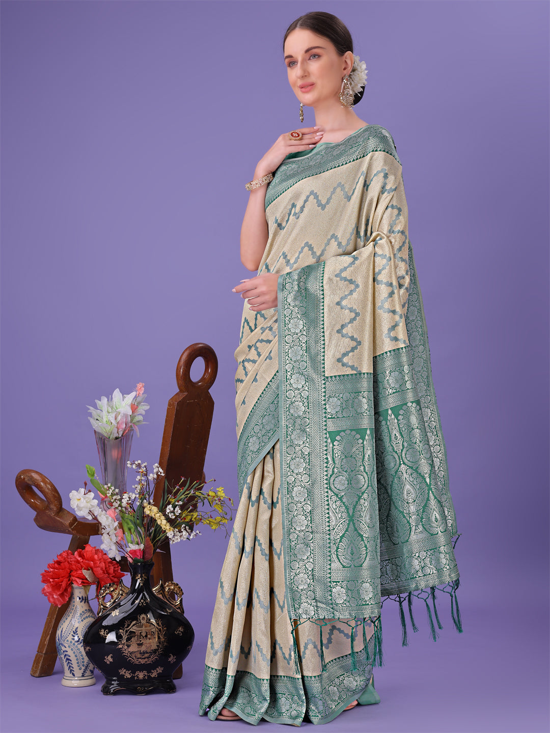 Shree Shyam Fashion Cream & Green Lichi Silk Saree with Rich Woven Border and Zigzag Pattern - Wedding & Festive Wear