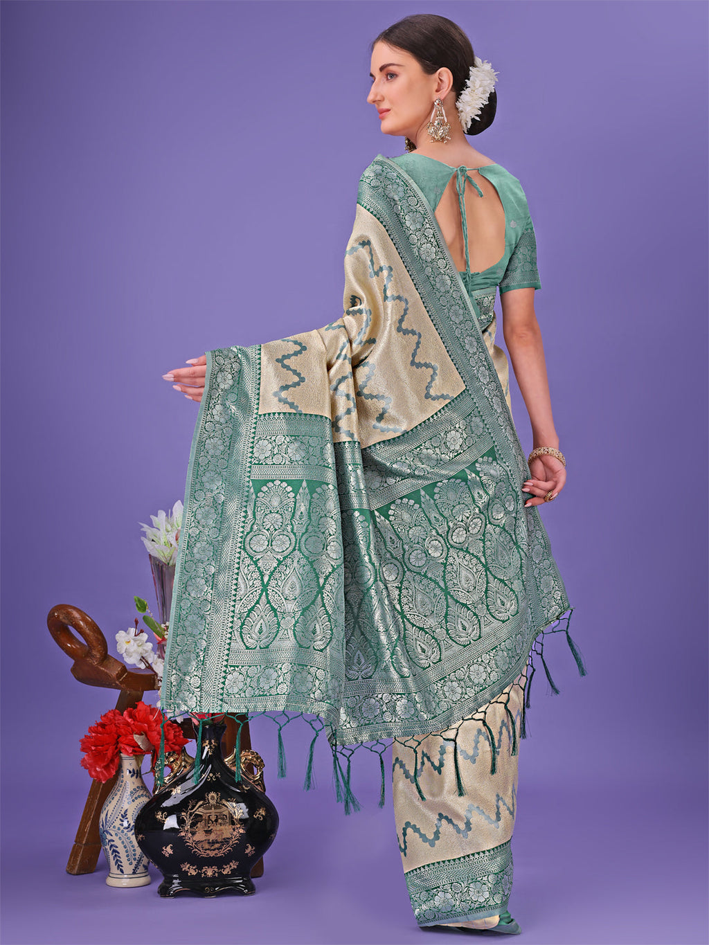 Shree Shyam Fashion Cream & Green Lichi Silk Saree with Rich Woven Border and Zigzag Pattern - Wedding & Festive Wear