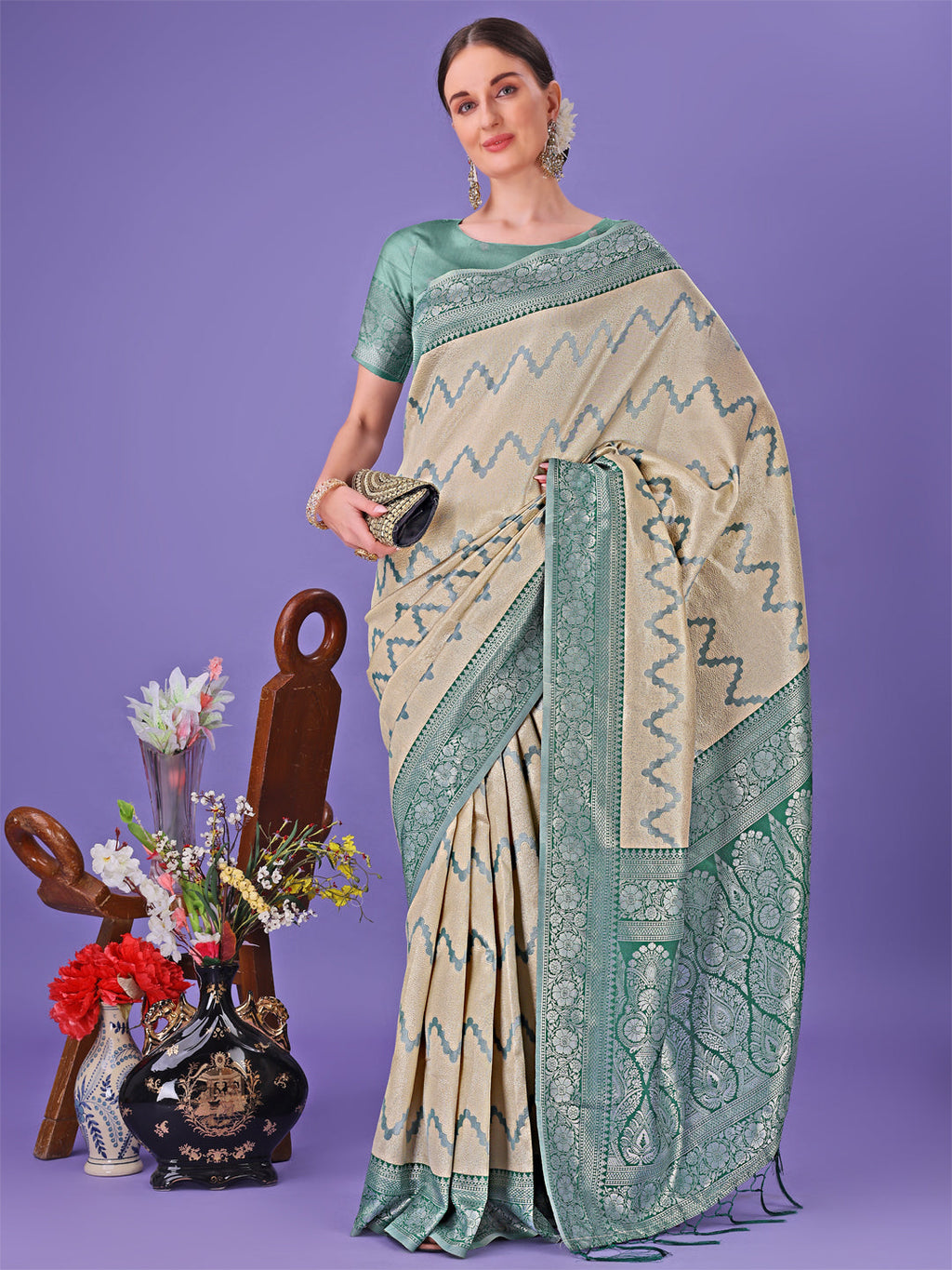 Shree Shyam Fashion Cream & Green Lichi Silk Saree with Rich Woven Border and Zigzag Pattern - Wedding & Festive Wear