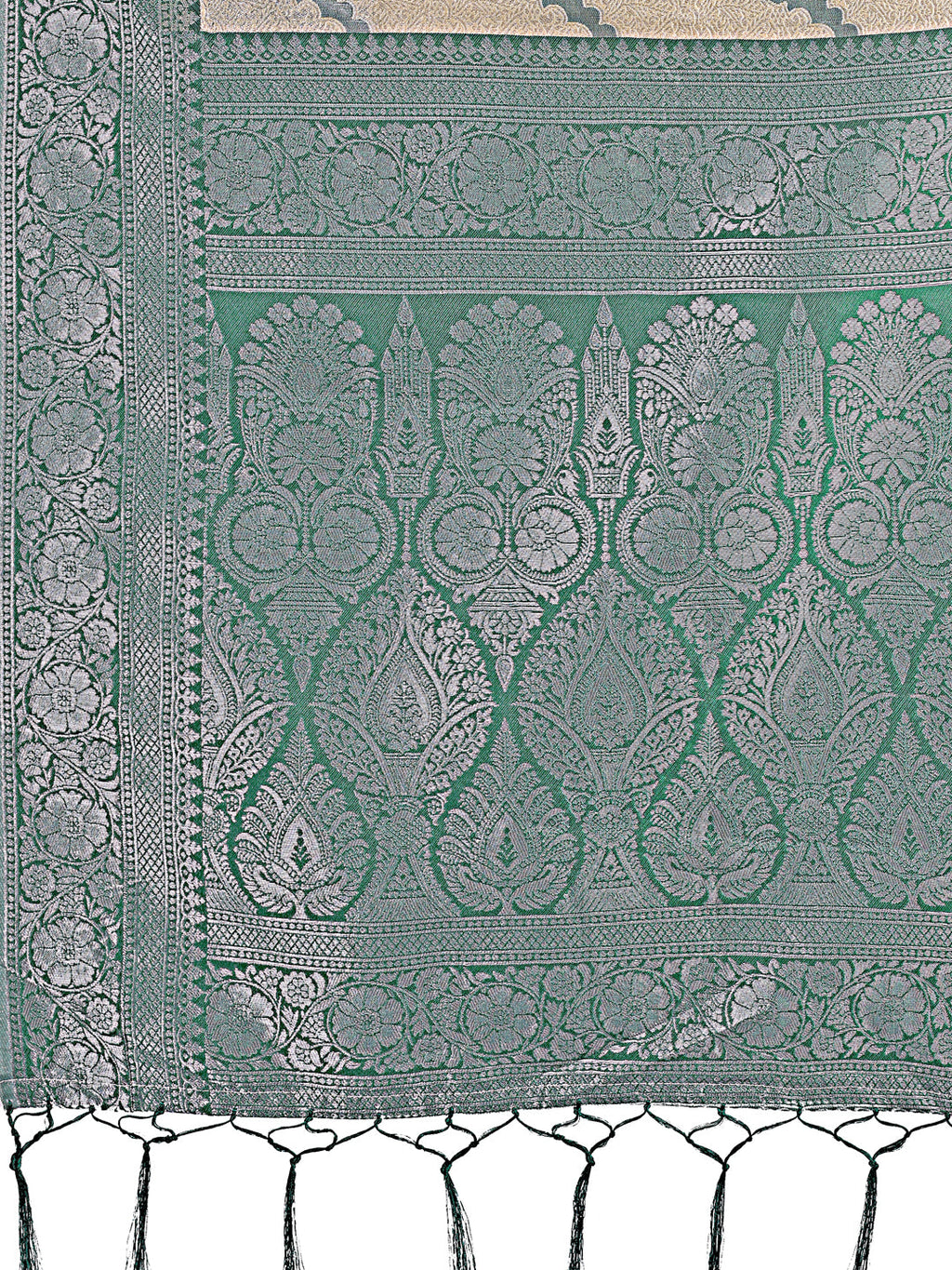 Shree Shyam Fashion Cream & Green Lichi Silk Saree with Rich Woven Border and Zigzag Pattern - Wedding & Festive Wear