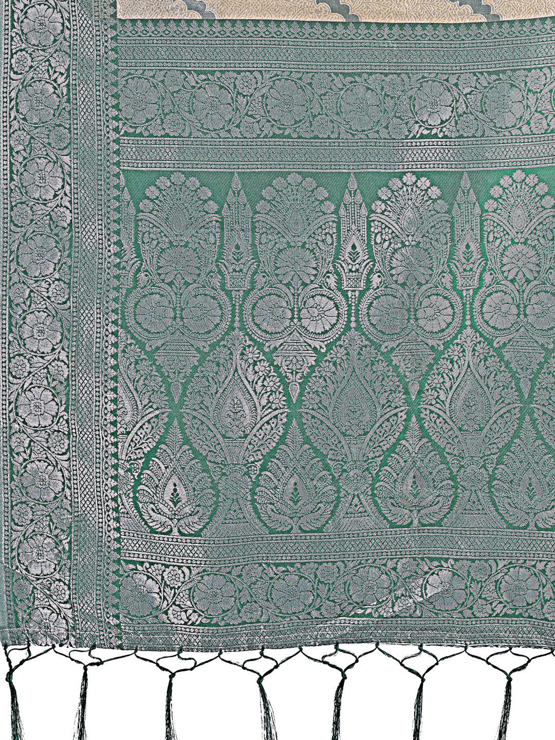 Shree Shyam Fashion Cream & Green Lichi Silk Saree with Rich Woven Border and Zigzag Pattern - Wedding & Festive Wear