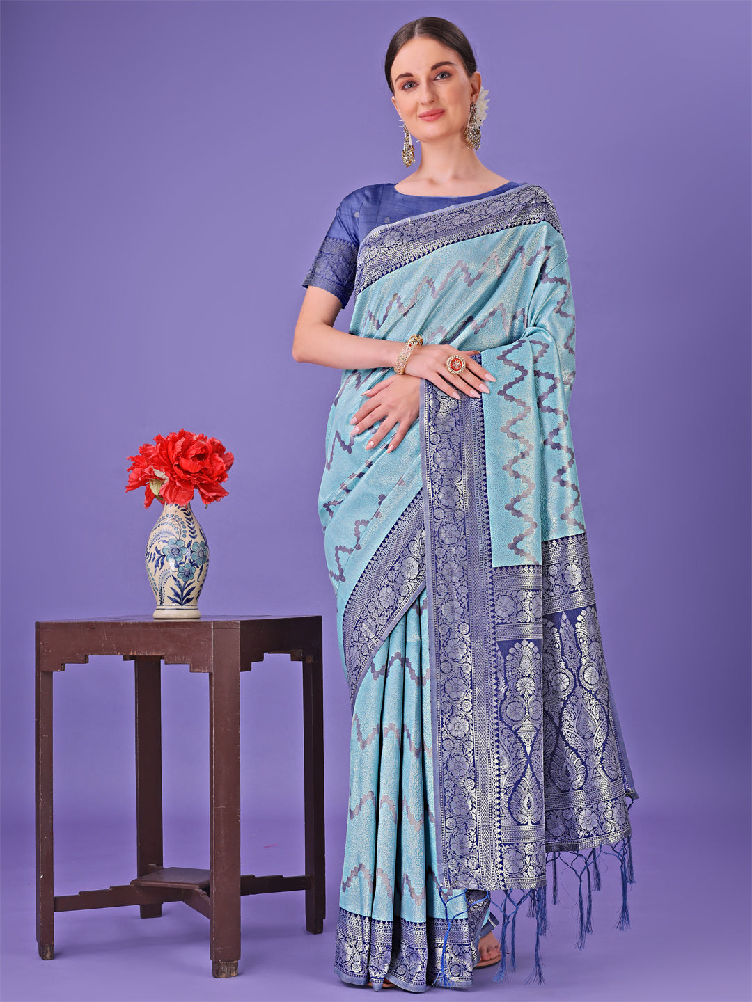 Shree Shyam Fashion Sky Blue & Green Lichi Silk Saree with Rich Woven Border and Zigzag Pattern - Wedding & Festive Wear