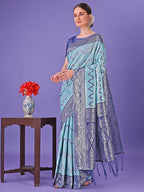 Shree Shyam Fashion Sky Blue & Green Lichi Silk Saree with Rich Woven Border and Zigzag Pattern - Wedding & Festive Wear