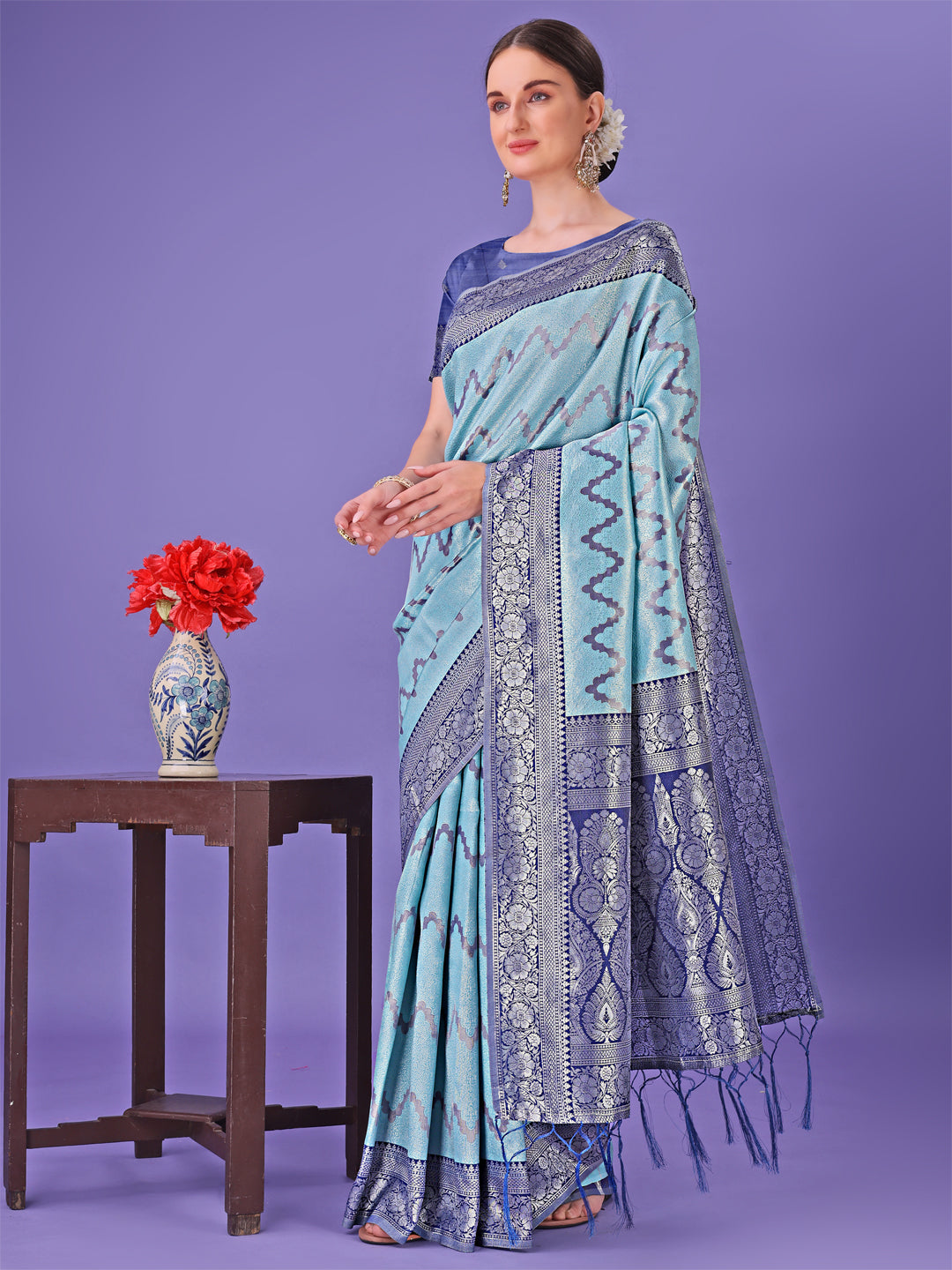 Shree Shyam Fashion Sky Blue & Green Lichi Silk Saree with Rich Woven Border and Zigzag Pattern - Wedding & Festive Wear