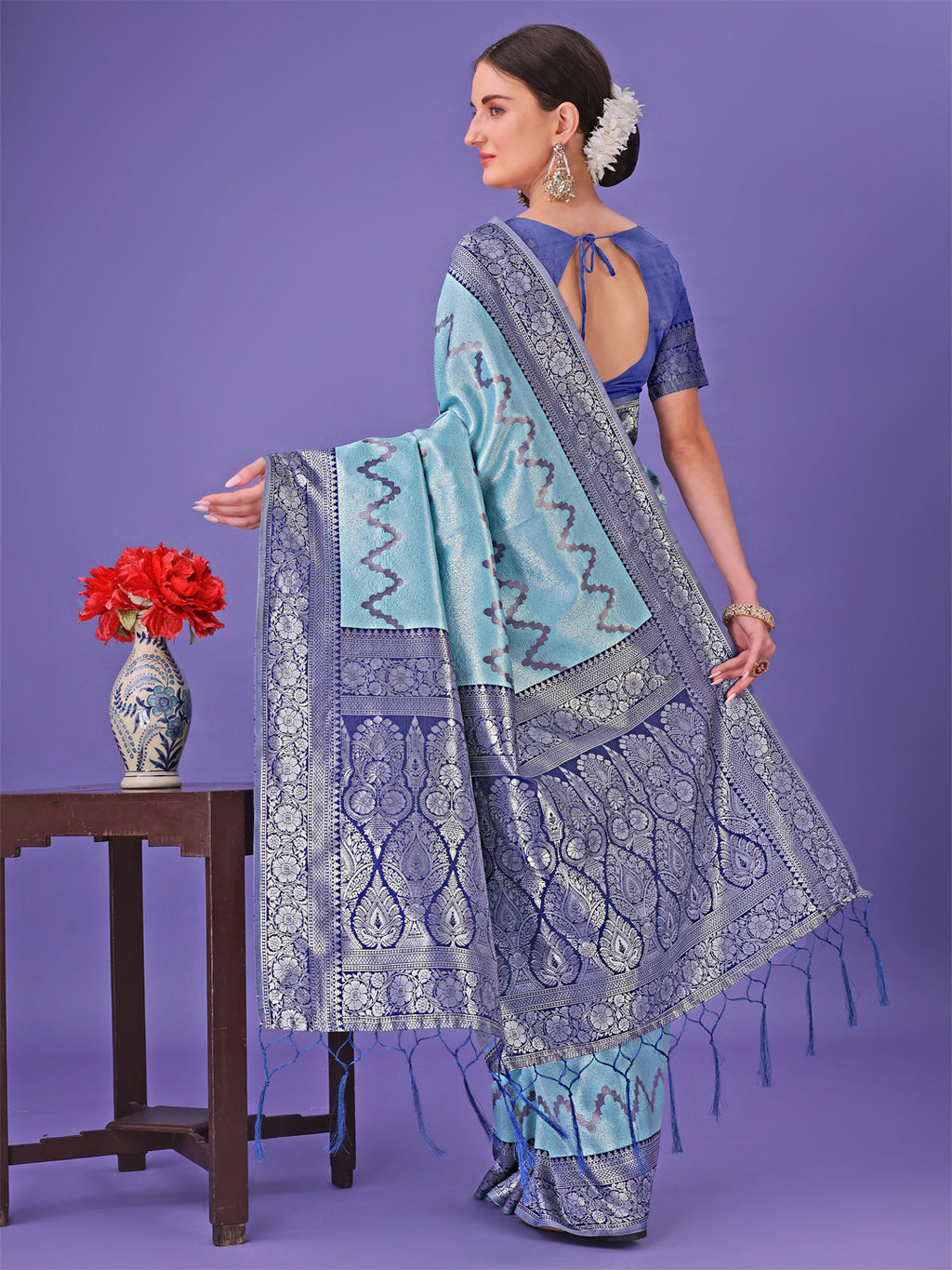 Shree Shyam Fashion Sky Blue & Green Lichi Silk Saree with Rich Woven Border and Zigzag Pattern - Wedding & Festive Wear