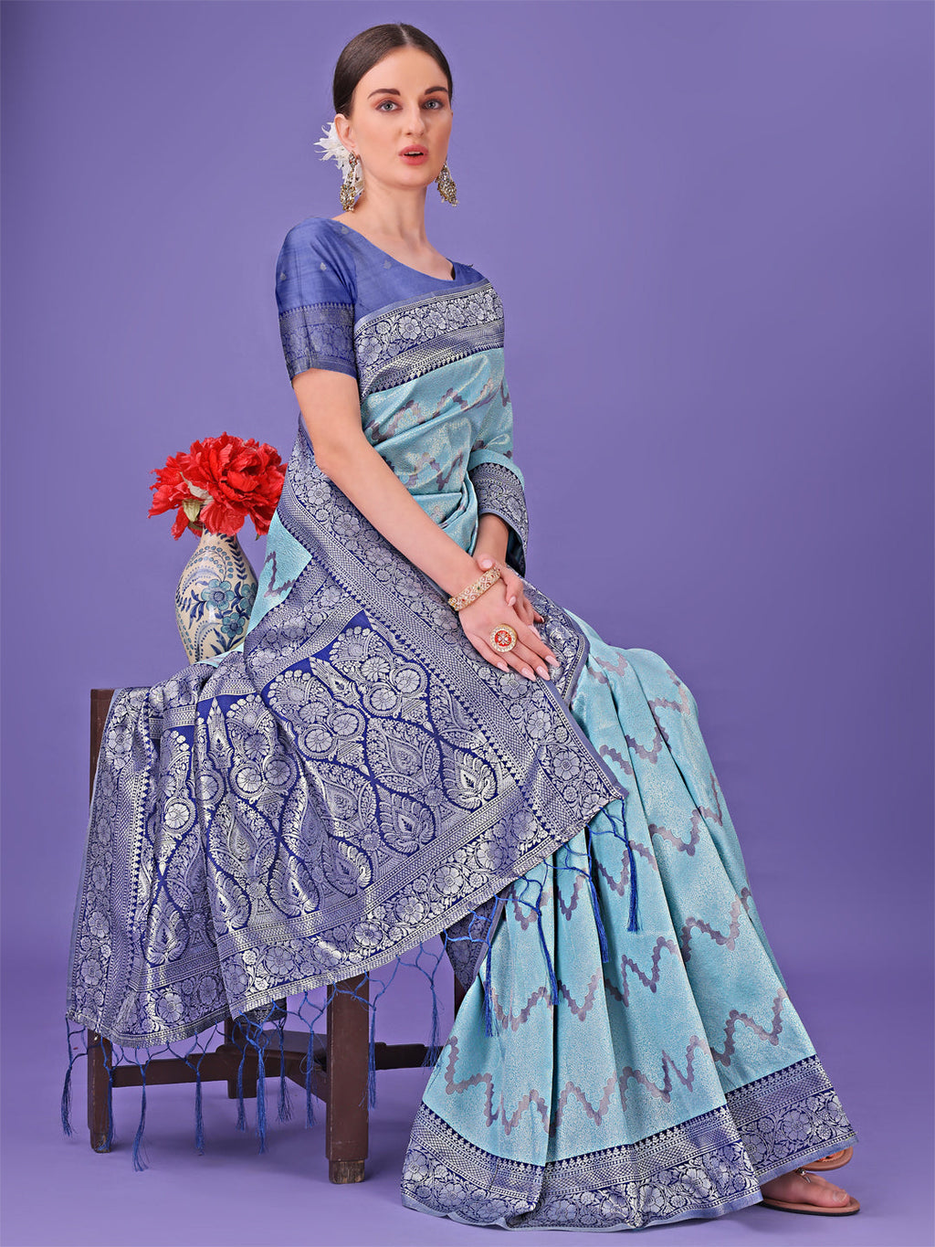 Shree Shyam Fashion Sky Blue & Green Lichi Silk Saree with Rich Woven Border and Zigzag Pattern - Wedding & Festive Wear