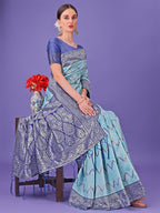 Shree Shyam Fashion Sky Blue & Green Lichi Silk Saree with Rich Woven Border and Zigzag Pattern - Wedding & Festive Wear