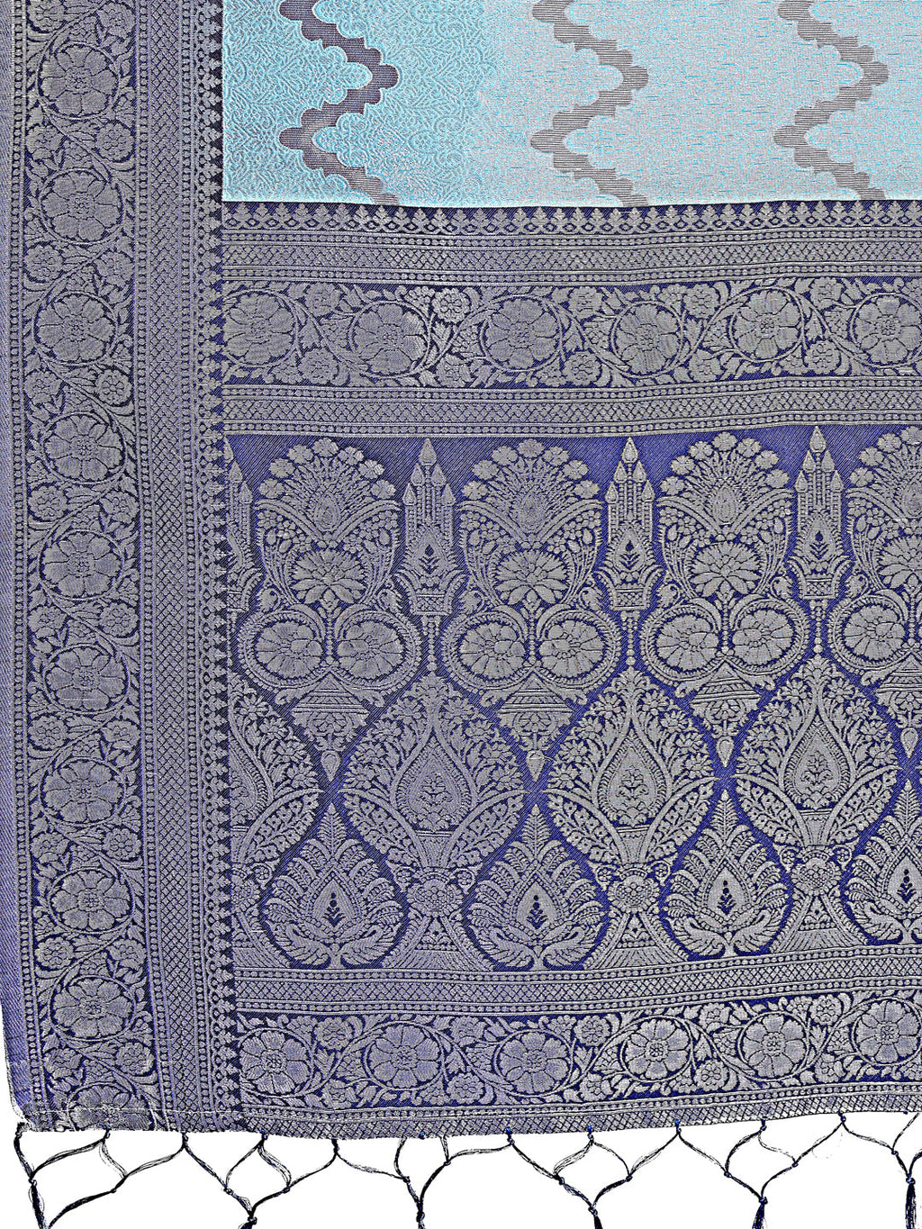 Shree Shyam Fashion Sky Blue & Green Lichi Silk Saree with Rich Woven Border and Zigzag Pattern - Wedding & Festive Wear