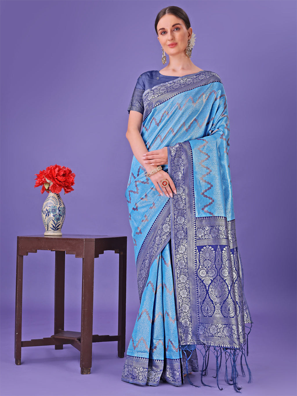 Shree Shyam Fashion Blue & Navy Blue Lichi Silk Saree with Rich Woven Border and Zigzag Pattern - Wedding & Festive Wear
