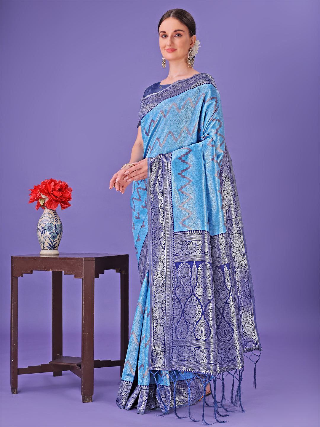 Shree Shyam Fashion Blue & Navy Blue Lichi Silk Saree with Rich Woven Border and Zigzag Pattern - Wedding & Festive Wear